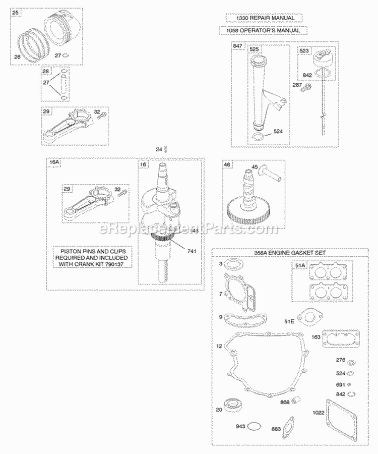 Camshaft Crankshaft Gasket Set - Engine Lubrication Piston Rings Connecting Rod Diagram and Parts List for  Briggs and Stratton Engine